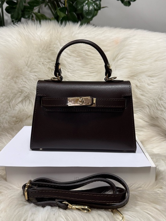 M Made In Italy Handbags - Genuine Italy Leather Structured Top Handle Bag 2 Way Coffee Mink